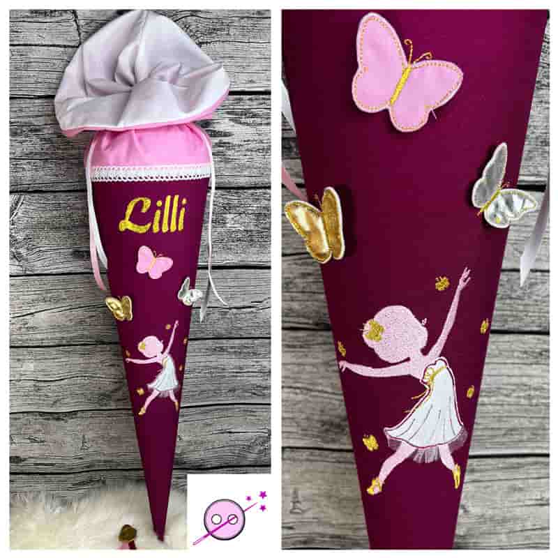 Ballerina Schultüte mit 3D Schmetteringen in beere, gold und silber