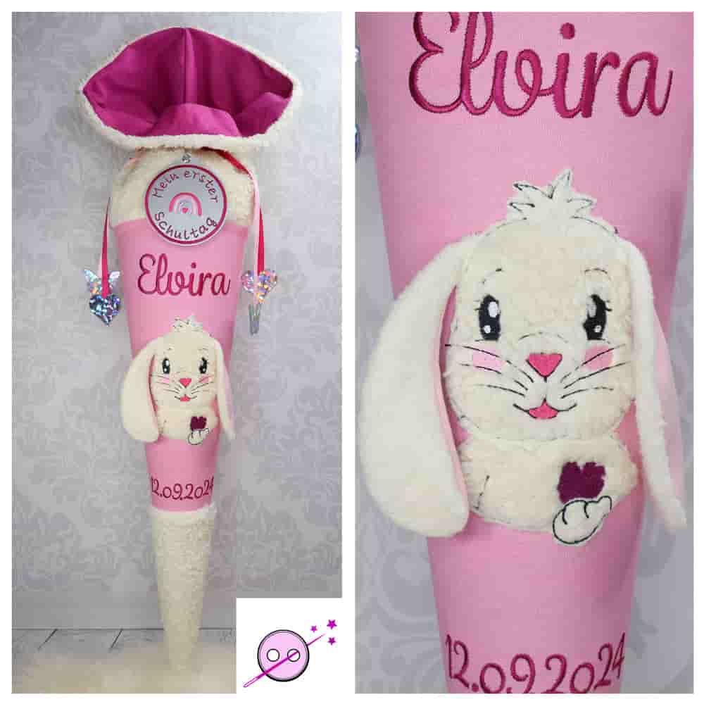 Schultüte in rosa mit einem Häschen mit Schlappohren in 3D