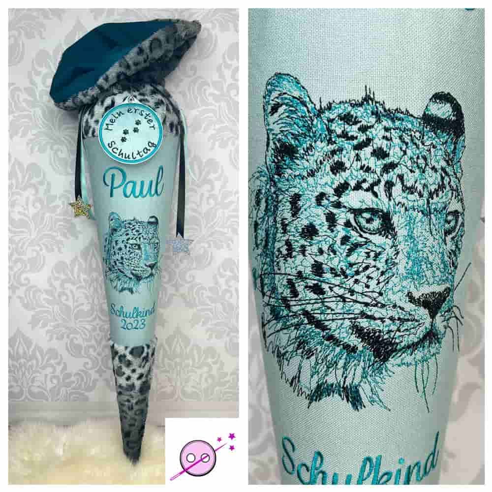 Leopard Schultüte aus Stoff mit Plüsch einem kuscheligen Look.