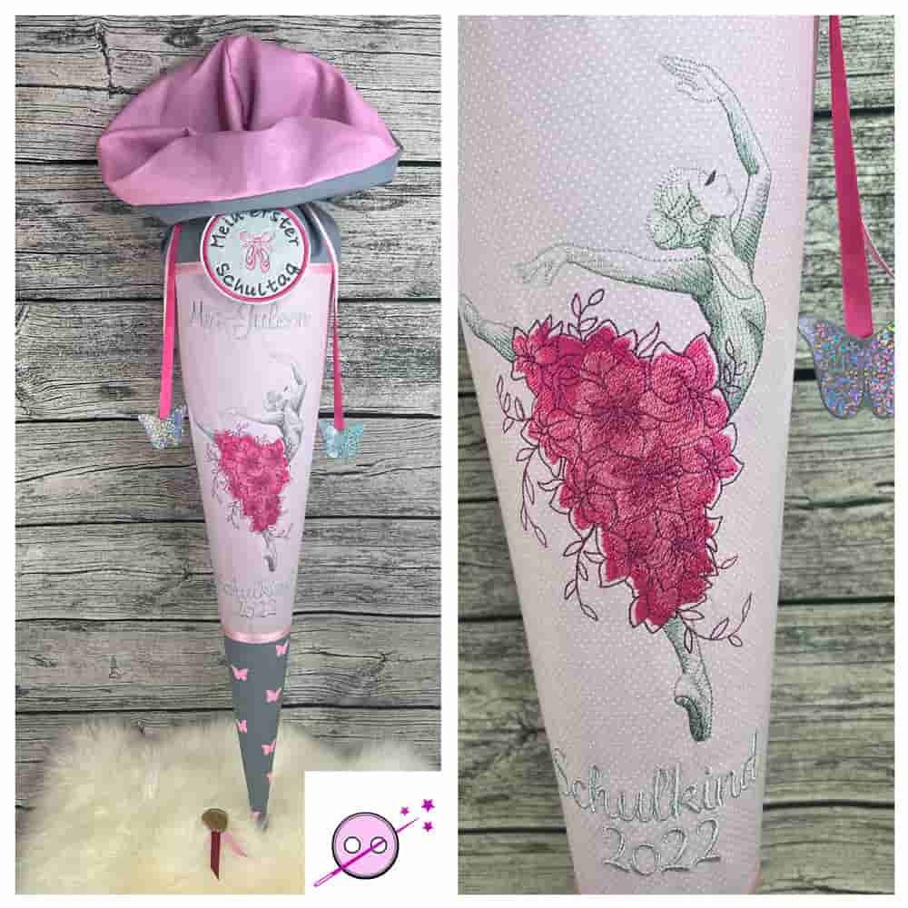 Ballerina Schultüte im Blütenkleid, bestickt in rosa magenta.