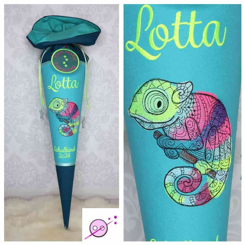 schultuete mit Chamäleon Motiv in Petrol und neongelb und neonpink