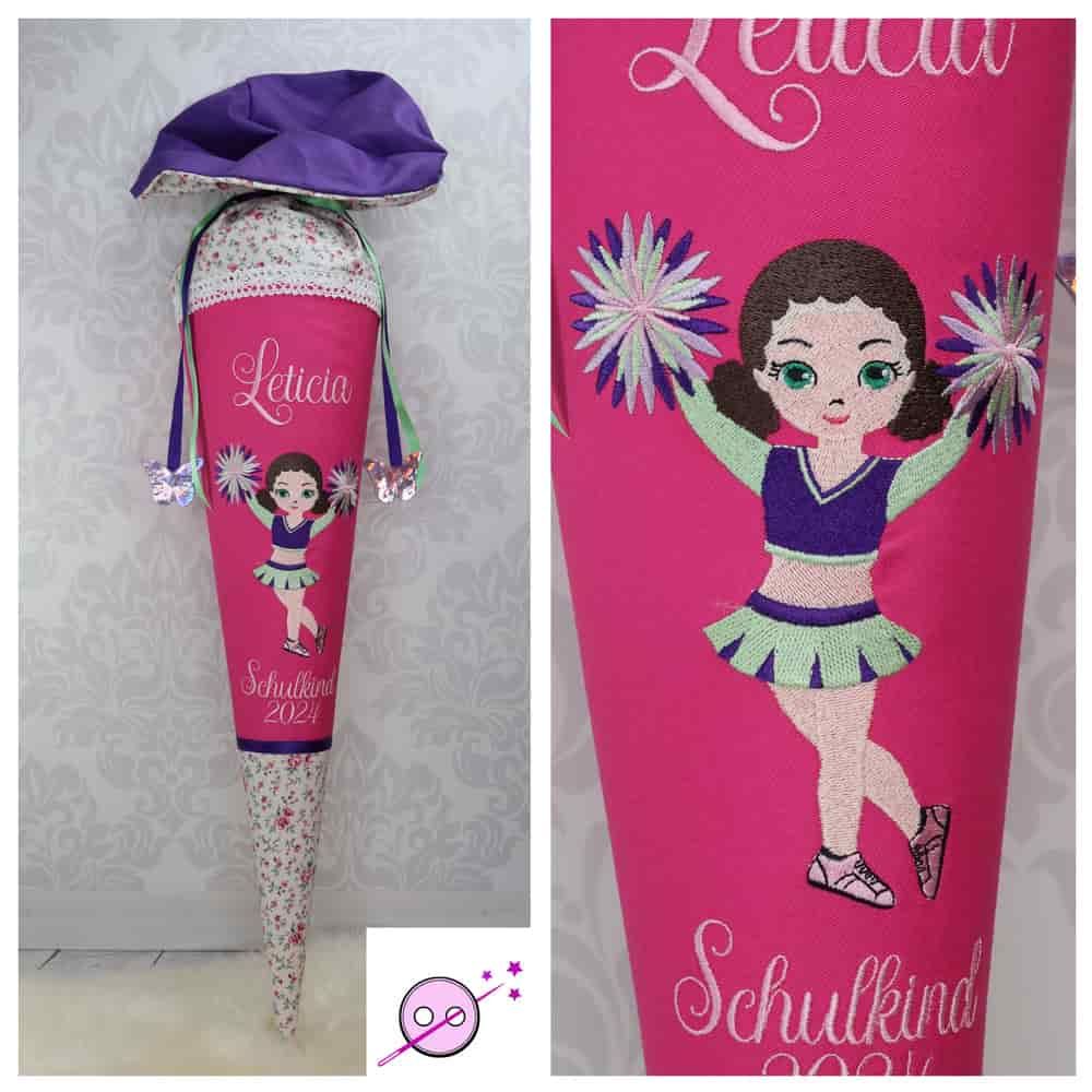 Schultüte aus Stoff mit einem Cheerleader Mädchen in pink