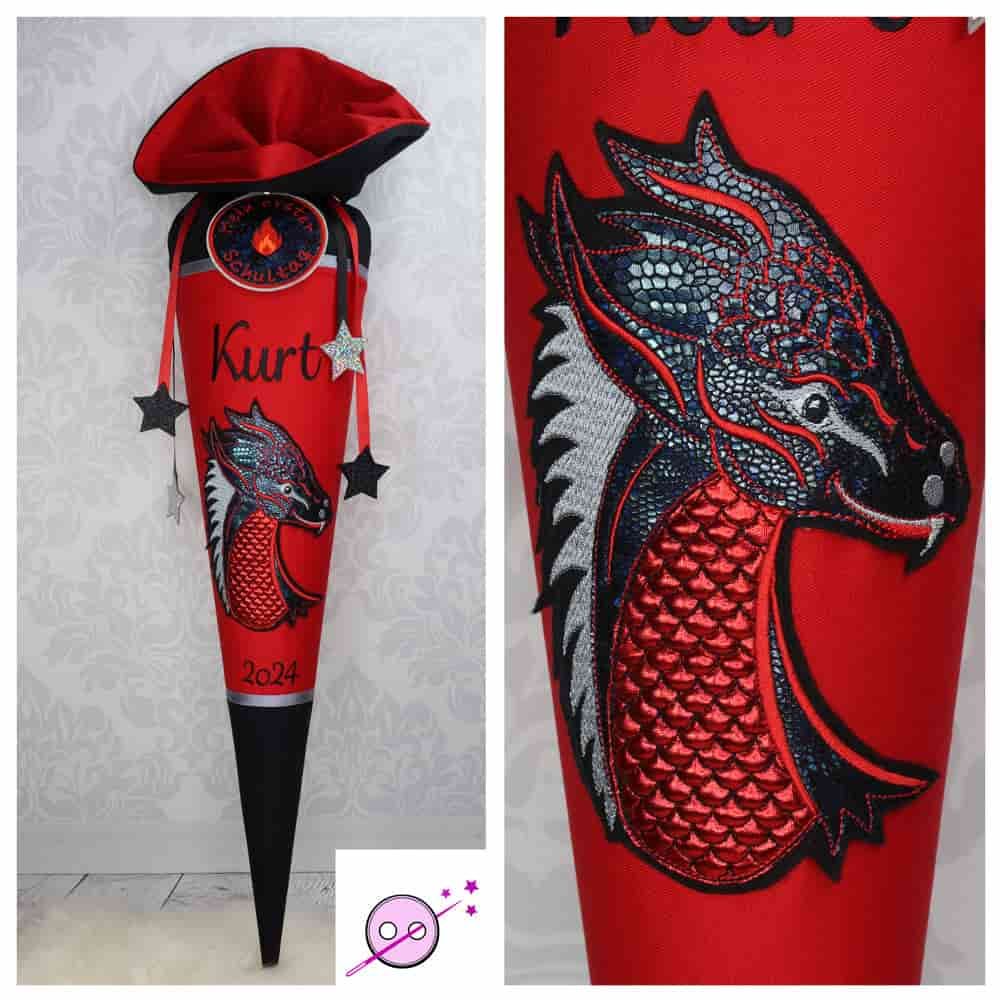 Wundervolle Schultüte in rot schwarz mit einem glitzerden Drachen