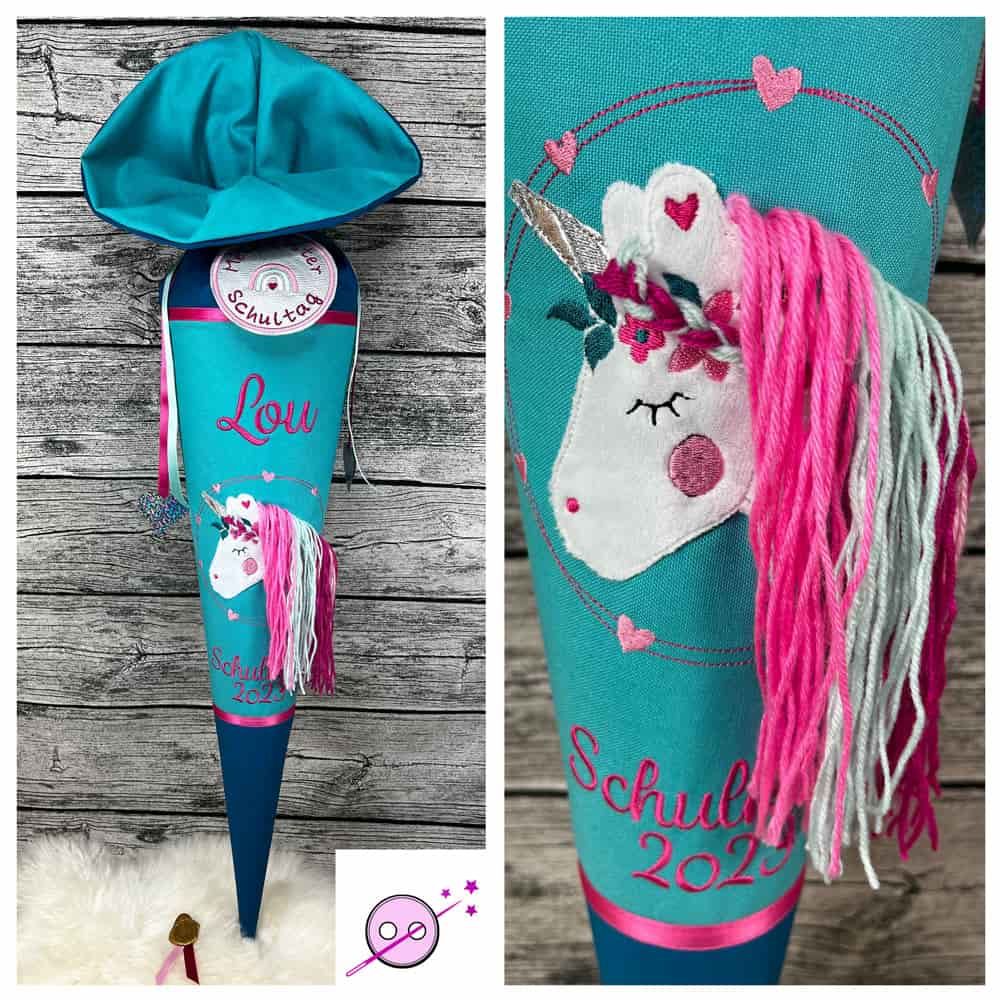 Schultüte Einhorn in 3D mit Wollhaaren in smaragd
