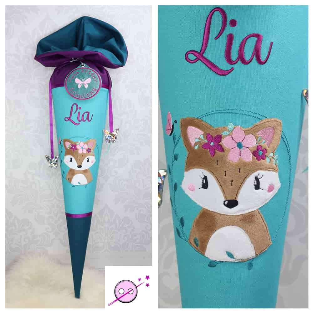 Schutüte aus Stoff mit einem Fuchs Motiv aus Plüsch in Smaragd und lila