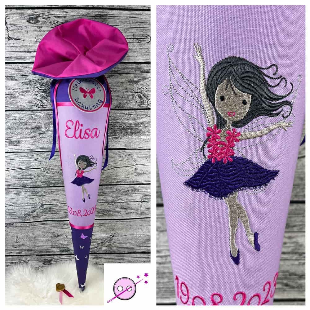 Schultüte Fee in lila Tönen aus Stoff bestickt.