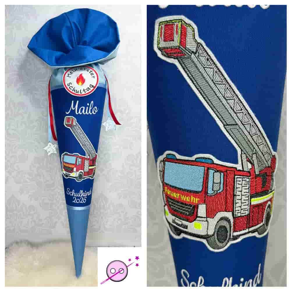 Schultüte aus Stoff mit einem Feuerwehrauto