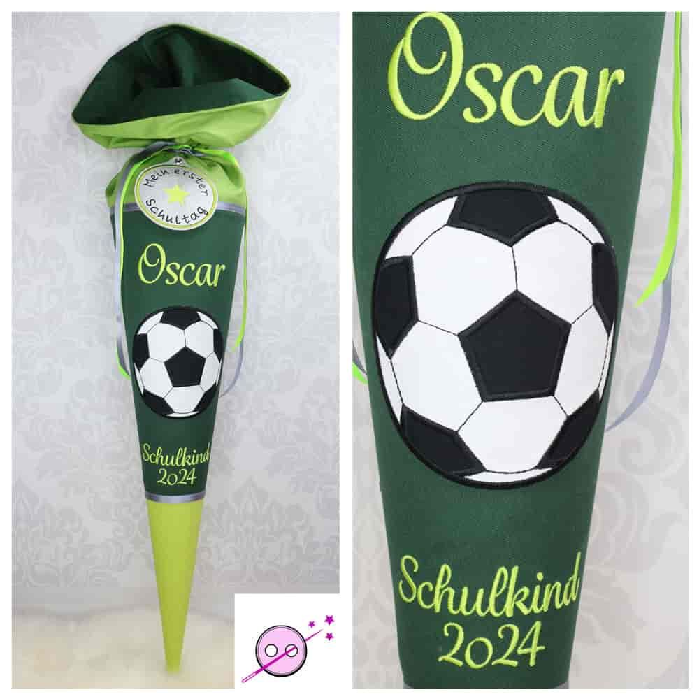 Schultüte aus Stoff mit einem Fußballmotiv. Die Zuckertüte ist in verschiedenen grüntönen.