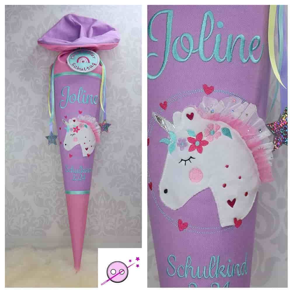 Einhorn Schultüte mit Glitzer Tüllmähne in Pastellfarben.