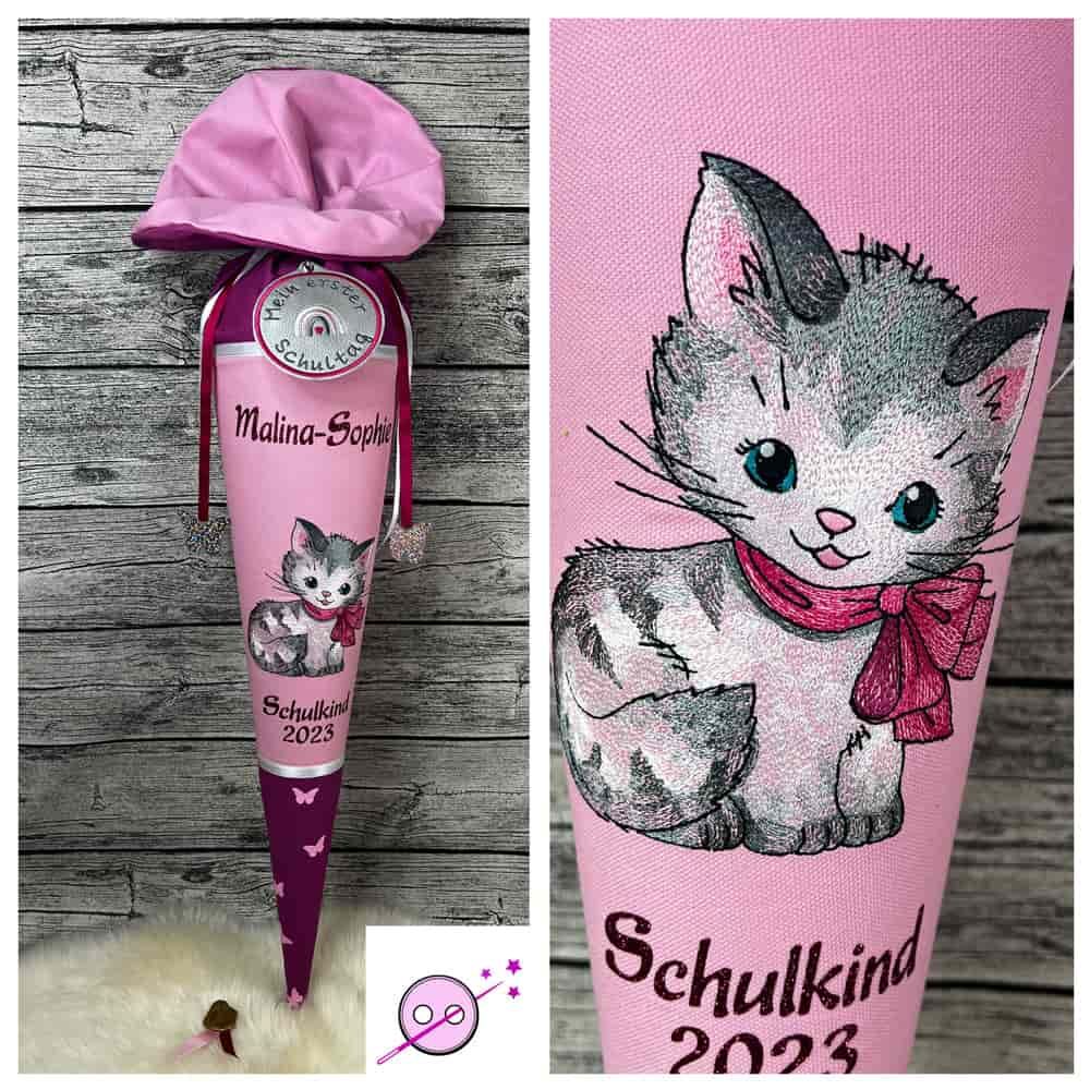 Katzen Schultüte bestickt in rosa und beere.