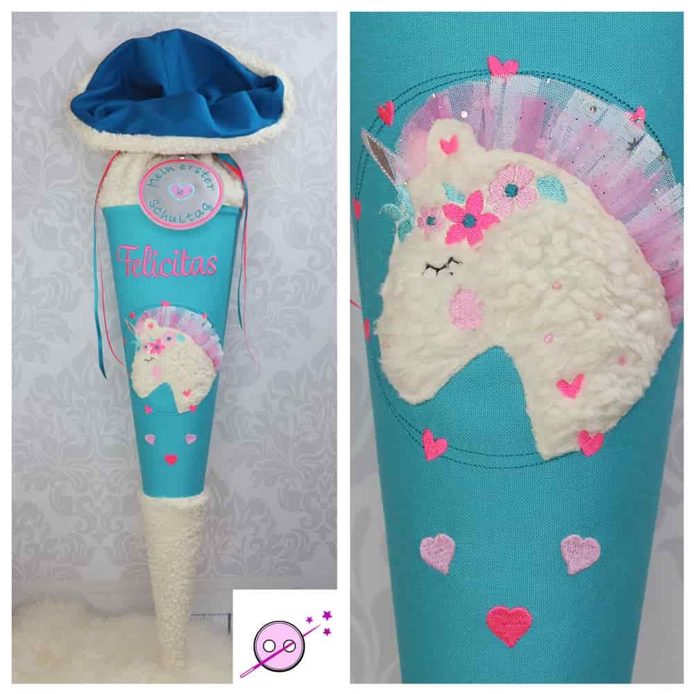 Schultüte mit einem Einhorn aus ganz kuscheligem Teddystoff. Mit smaragdgründ und neonpink