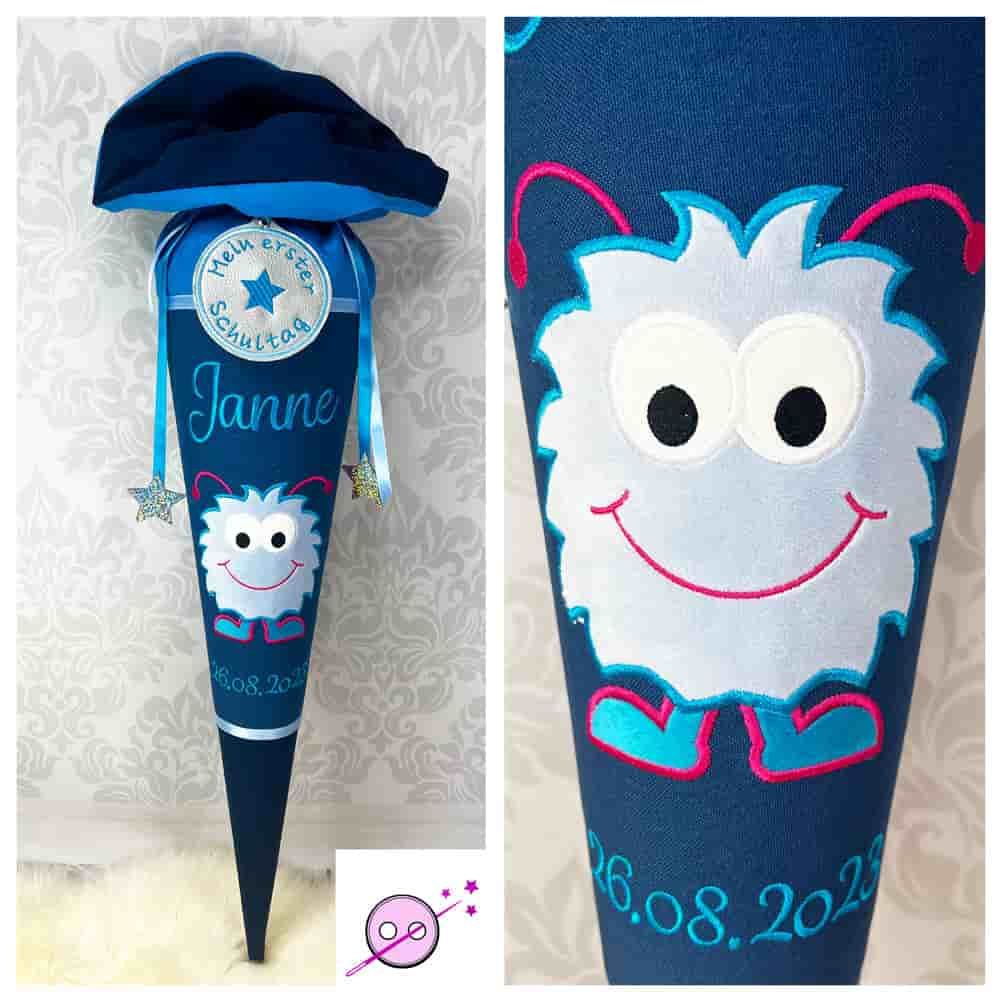 Monster Schultüte aus Stoff individuell mit Namen in verschiedenen blauen Tönen