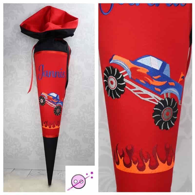 Rot schwarze Schultüte mit einem blauen Monstertruck aus Stoff individualisiert mit Namen