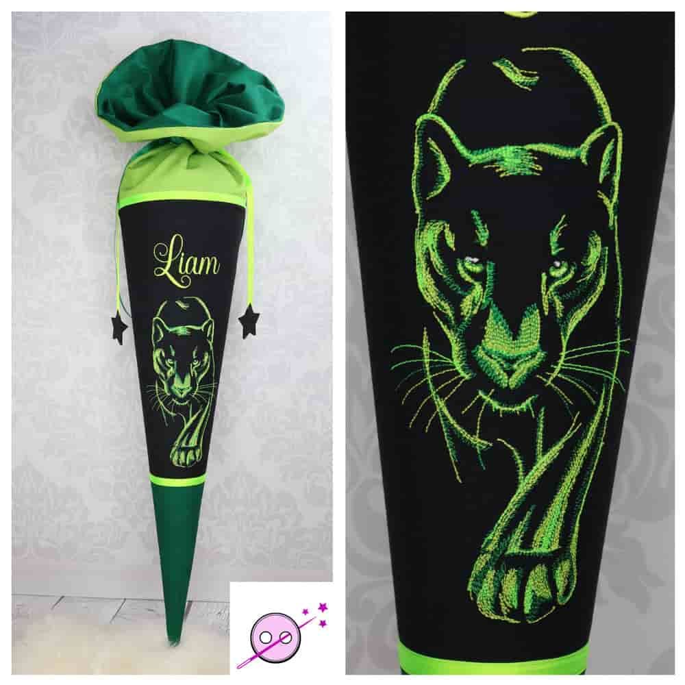 Schultüte aus Stoff in grün mit einem großen gestickten Panther