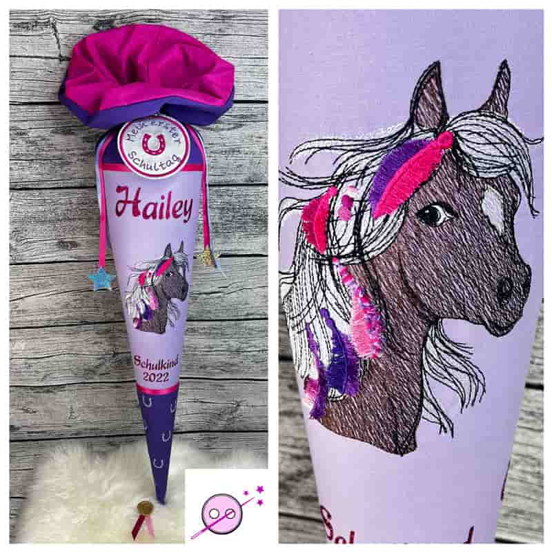Schultuete Stoff mit Pferdemotiv und 3D Federn in lila magenta