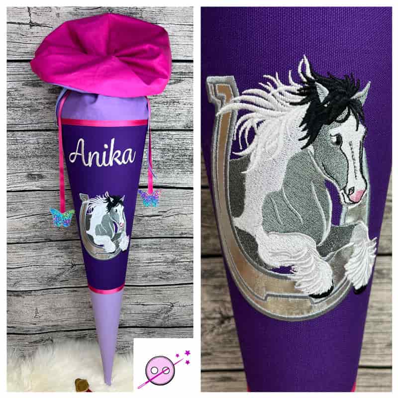 Schultüte Pferd im Hufeisen in silber, lila und magenta. Schultüte aus Stoff