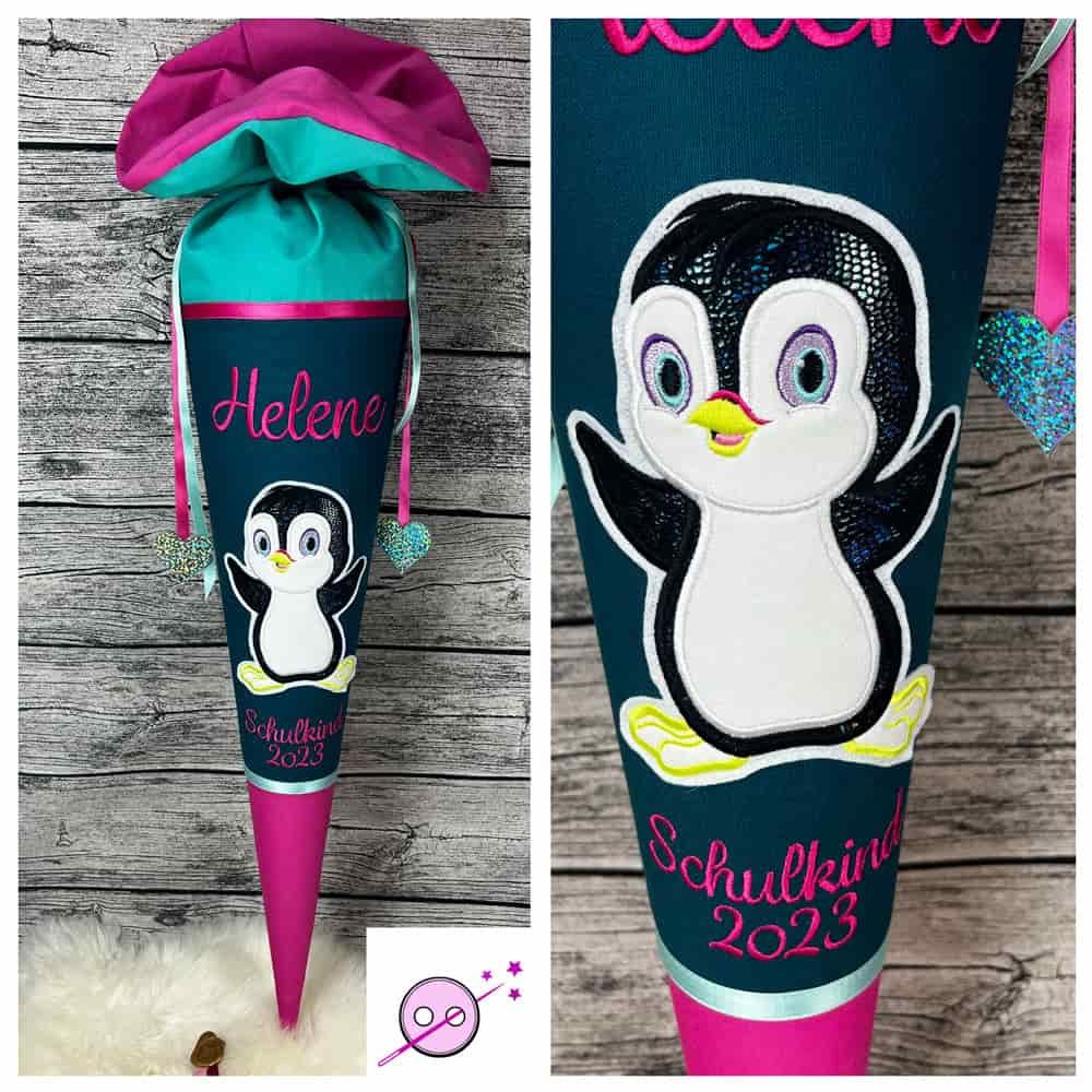Pinguin Schultüte aus Stoff in petrol, smaragd und pink