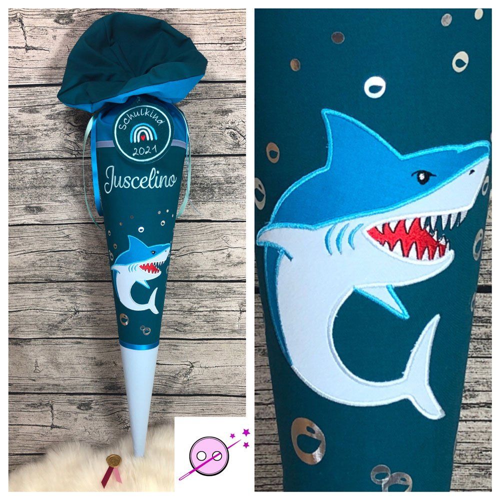 Hai Schultüte mit Blubberblasen.