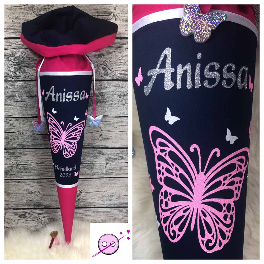 Schultüte mit Schmetterling in Glitzer, Glitzer Schultüte, Schultüte die zum Kissen wird, Schultüte passend zum Schulranzen, Einschulung