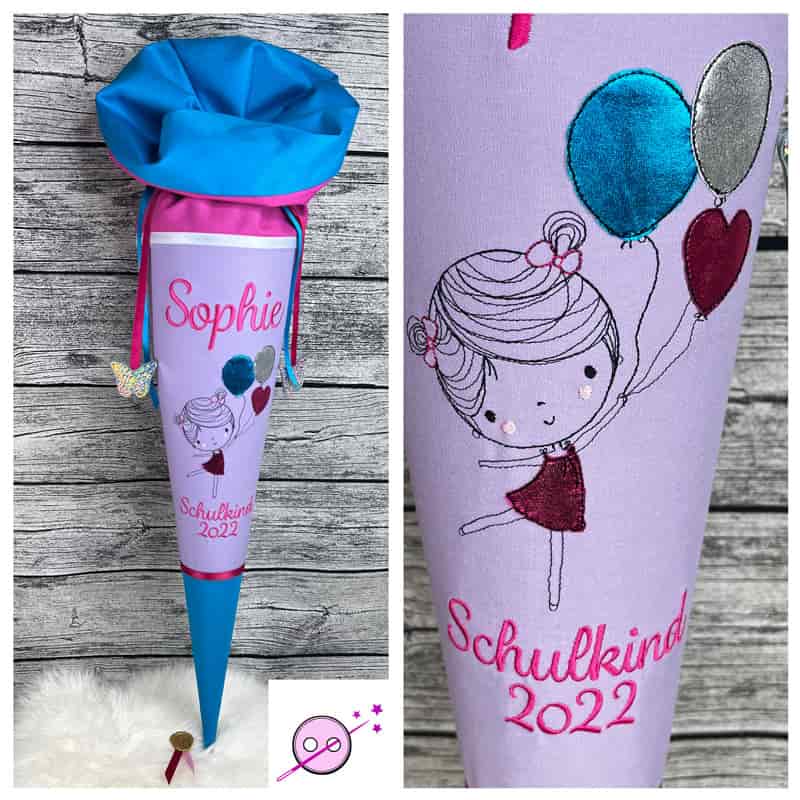 Schultüte aus Stoff mit einem Mädchen und Ballons in den Farben, flieder, pink und türkis