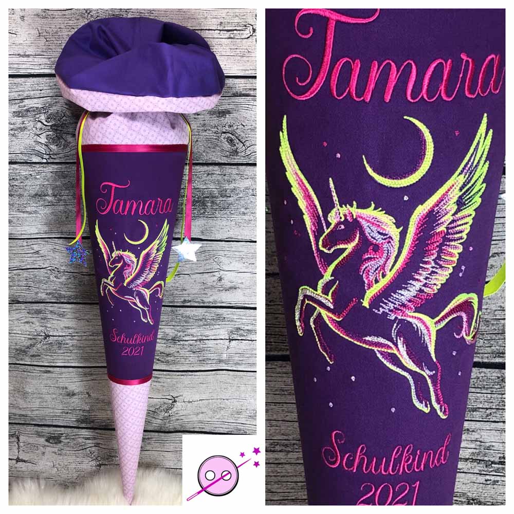 Einhorn Pegasus Schultüte, Zuckertüte, Lila Rosa, Stoffschultüte, Schultüte mit Namen