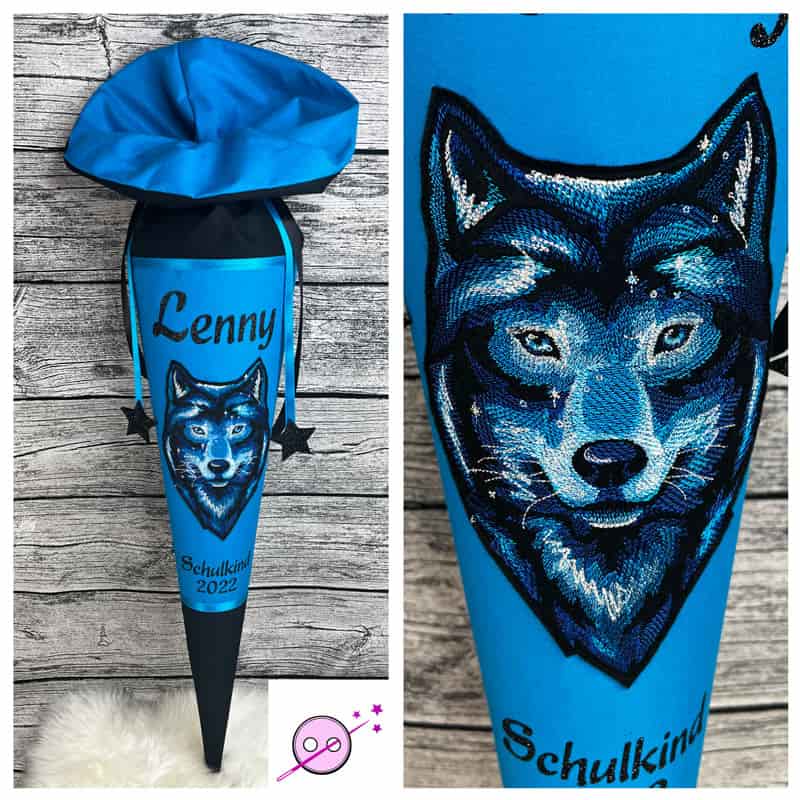 Schultüte Wolf in blau und schwarz, bestickt