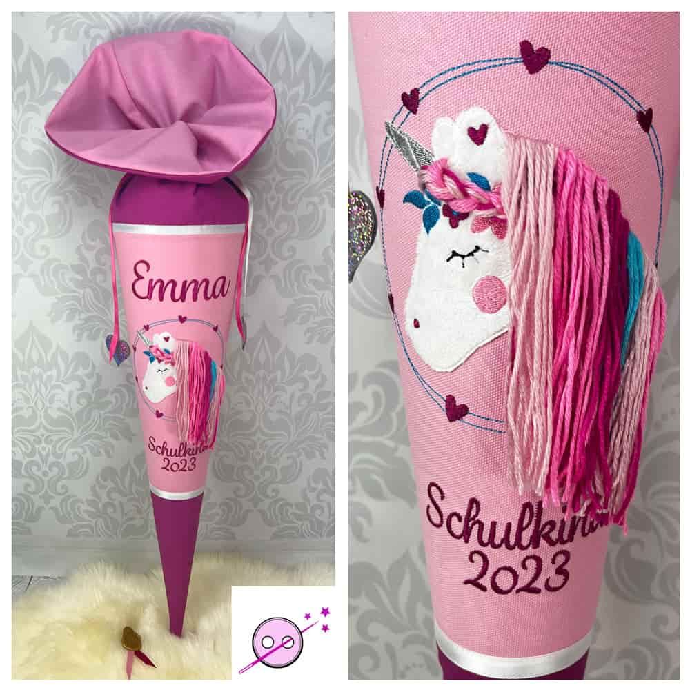 Schultüte mit einem Einhornmotiv. Die Mähne wird mit Wolle gearbeitet. Farbe rosa und Flamingopink