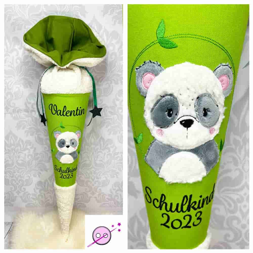 Schultüte aus dickem Teddystoff mit einem Pandabär in grün und naturtönen