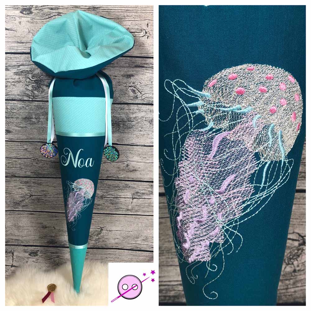 Qualle Schultüte, Zuckertüte mit Quallen Motiv in Samaragd und Petrol