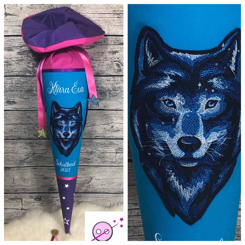 Wolf Schultüte in türkis und lila, Zuckertüte aus Stoff, Schulttüte kaufen