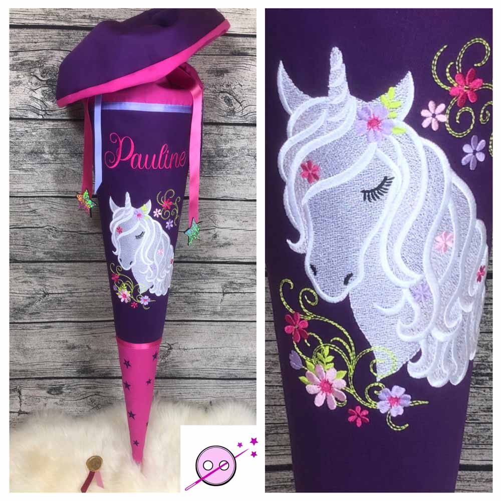 Schultüten aus Stoff Einhorn gestickt in weiß mit lila pinkem Stoff