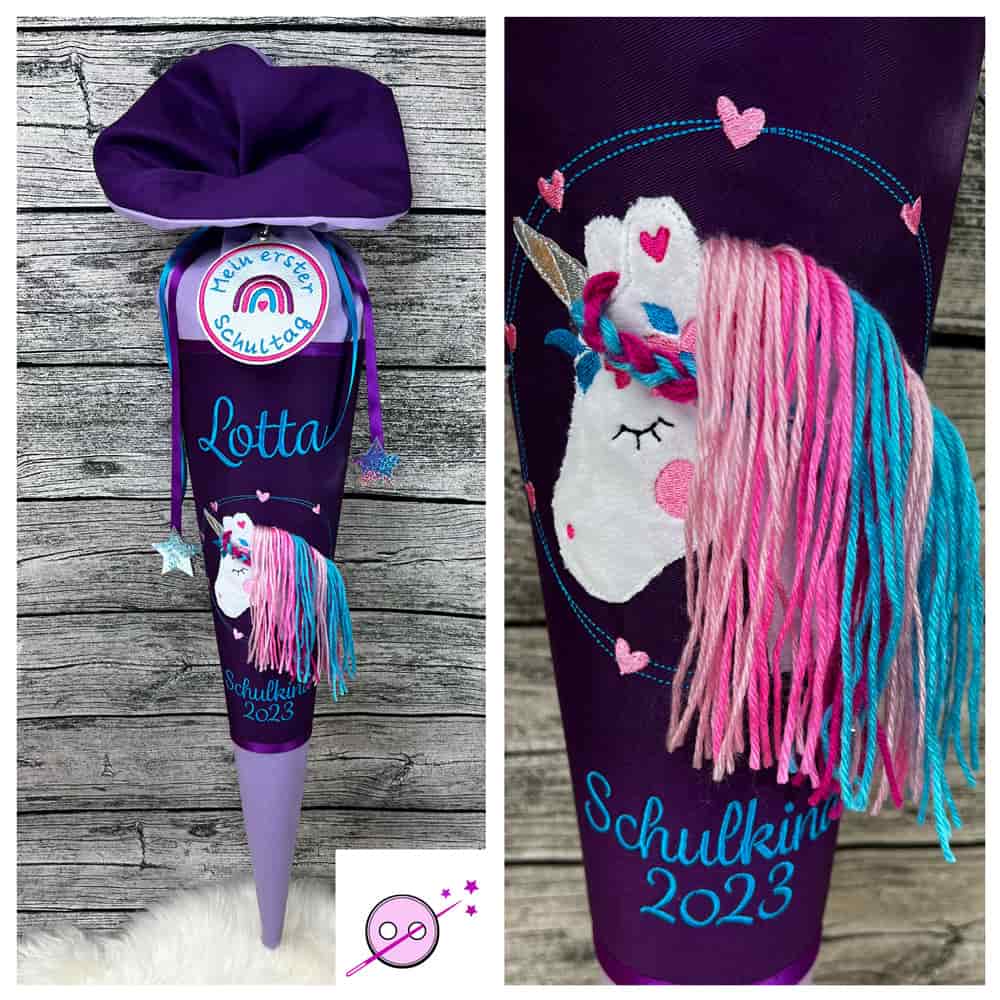 Schultüte aus Stoff mit einem 3D Einhorn in Lila und türkis