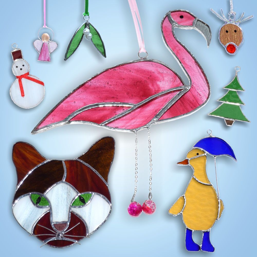 Handmade stained glass Christmas Hangings by Glassfollies, Angel, ~Snowman, Mistletoe, Reindeer, Christmas Tree, Cat, Flamingo