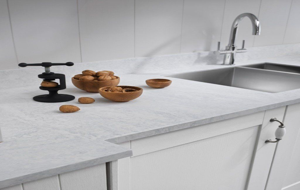 Minerva Carrara Whire 25mm Solid Surface KItchen worktop, laminate worktop, solid surface worktop, corian, quartz, wood.