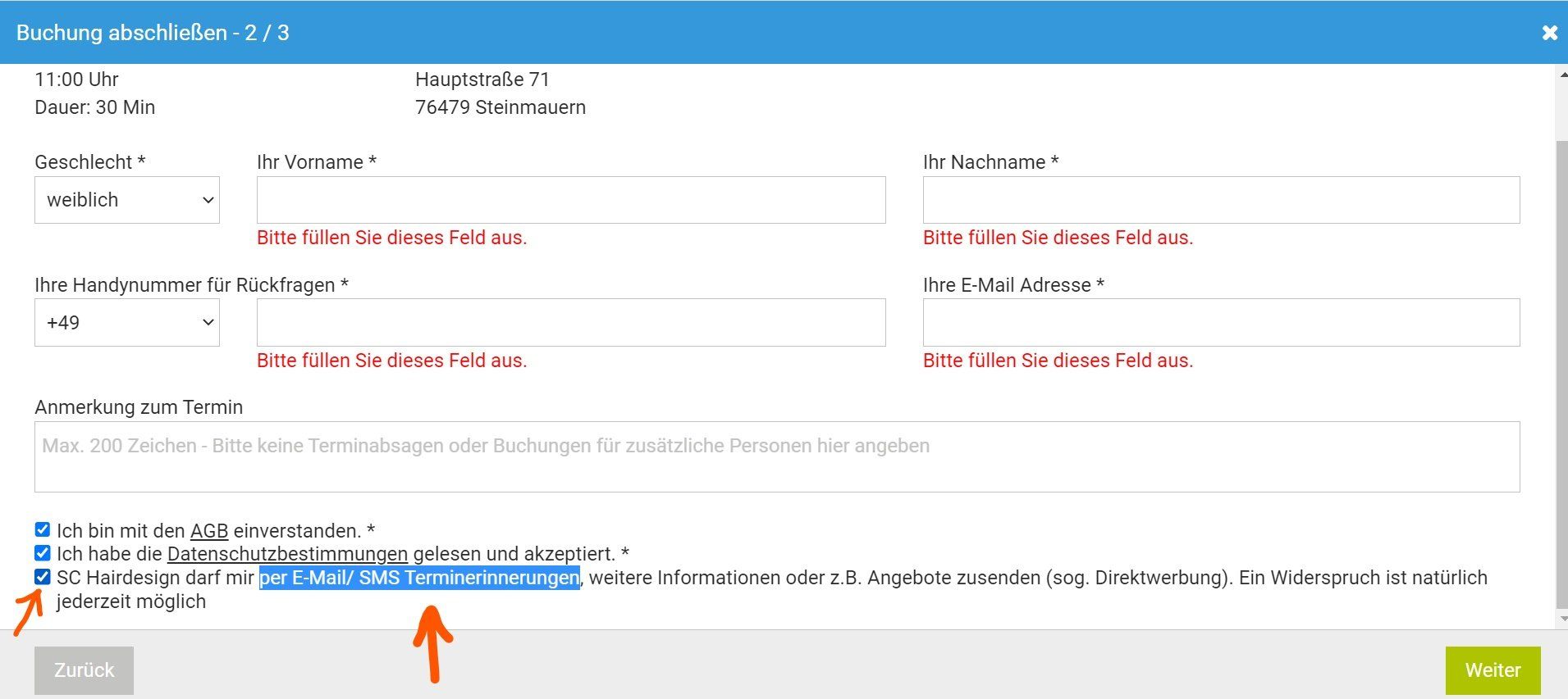 Online-Buchung für Friseur-Termin im Raum Rastatt/Karlsruhe bei SC HAIRDESIGN: Daten eingeben