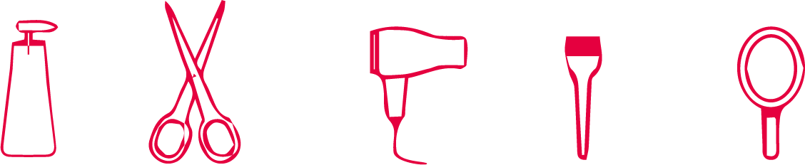 Symbole Friseursalon: Sprühflasche, Schere, Fön, Kamm, Spiegel
