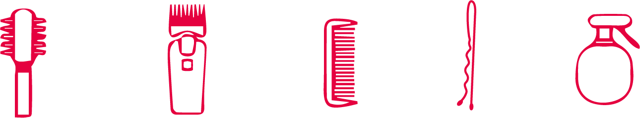 Symbole Friseursalon: Bürste, Rasierer, Kamm, Pin, Sprühflasche