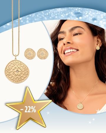 Goldfarbenes ENERGETIX Schmuckset bestehend aus verzierter Halskette und passenden Ohrsteckern. Rechts eine Frau, die das Set trägt. Goldener Stern mit dem Hinweis „–22 %“. Winterlich-blauer Hintergrund.