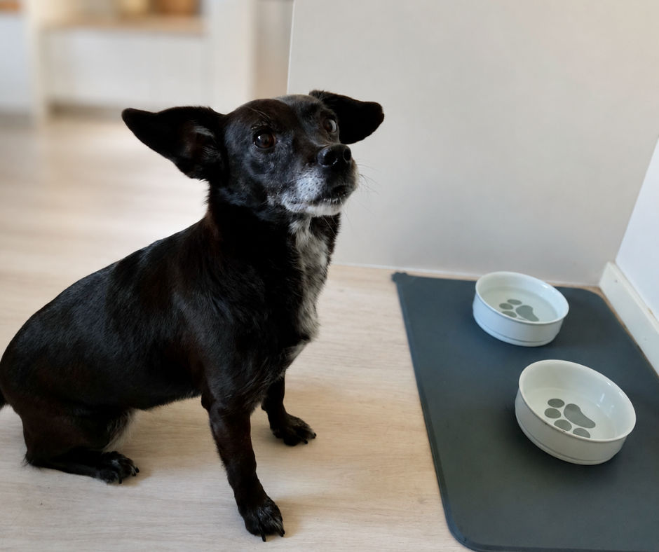 Kleiner, schwarzer Hund sitzt vor zwei leeren Näpfen
