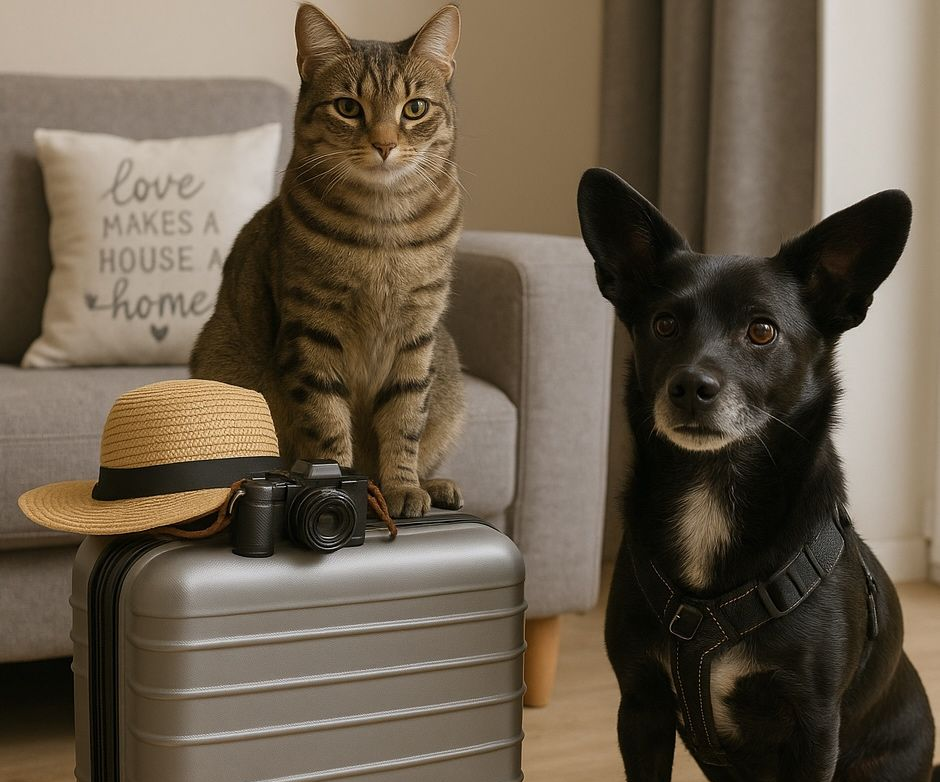Hund und Katze neben einem Koffer - bereit für die Reise