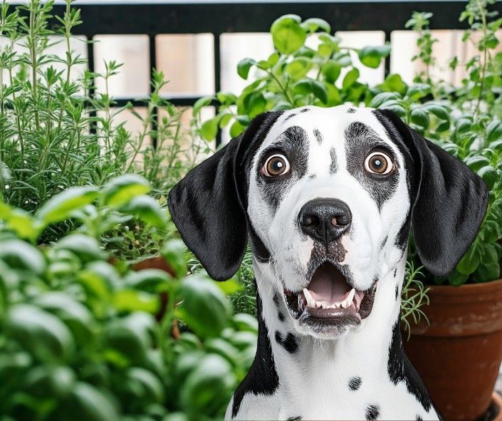 Dalmatiner sitzt vor verschiedenen Kräutertöpfen und schaut erschrocken in die Kamera