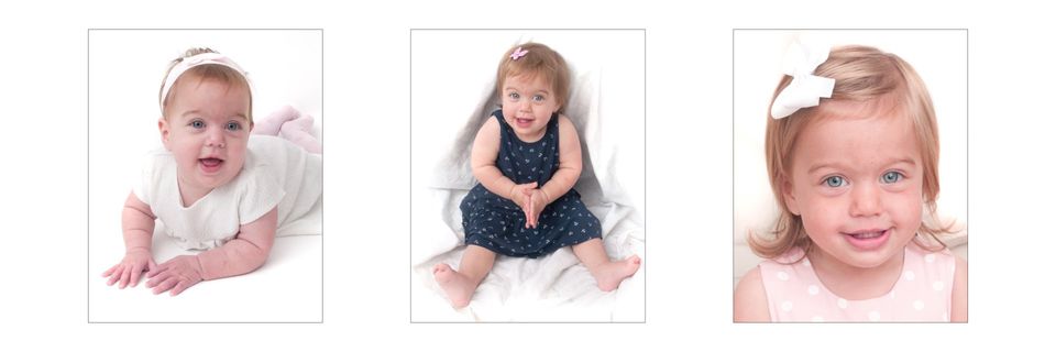 three pictures of a little girl at four months eight months and a year