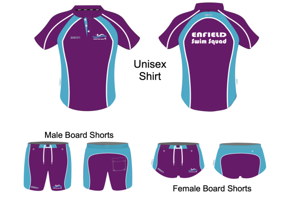 Enfield Swim Squad Club Kit: Purple and blue t-shirts and board shorts