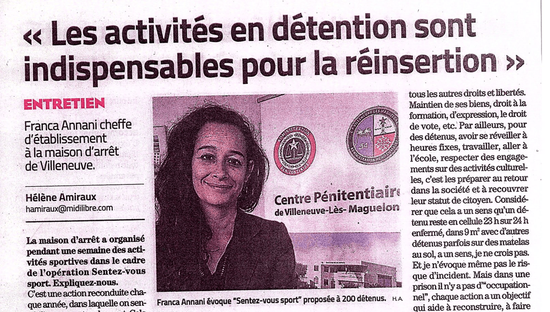 Article midi-libre “les activités en détention... la réinsertion“ Article midi-libre “les activités en détention... la réinsertion“