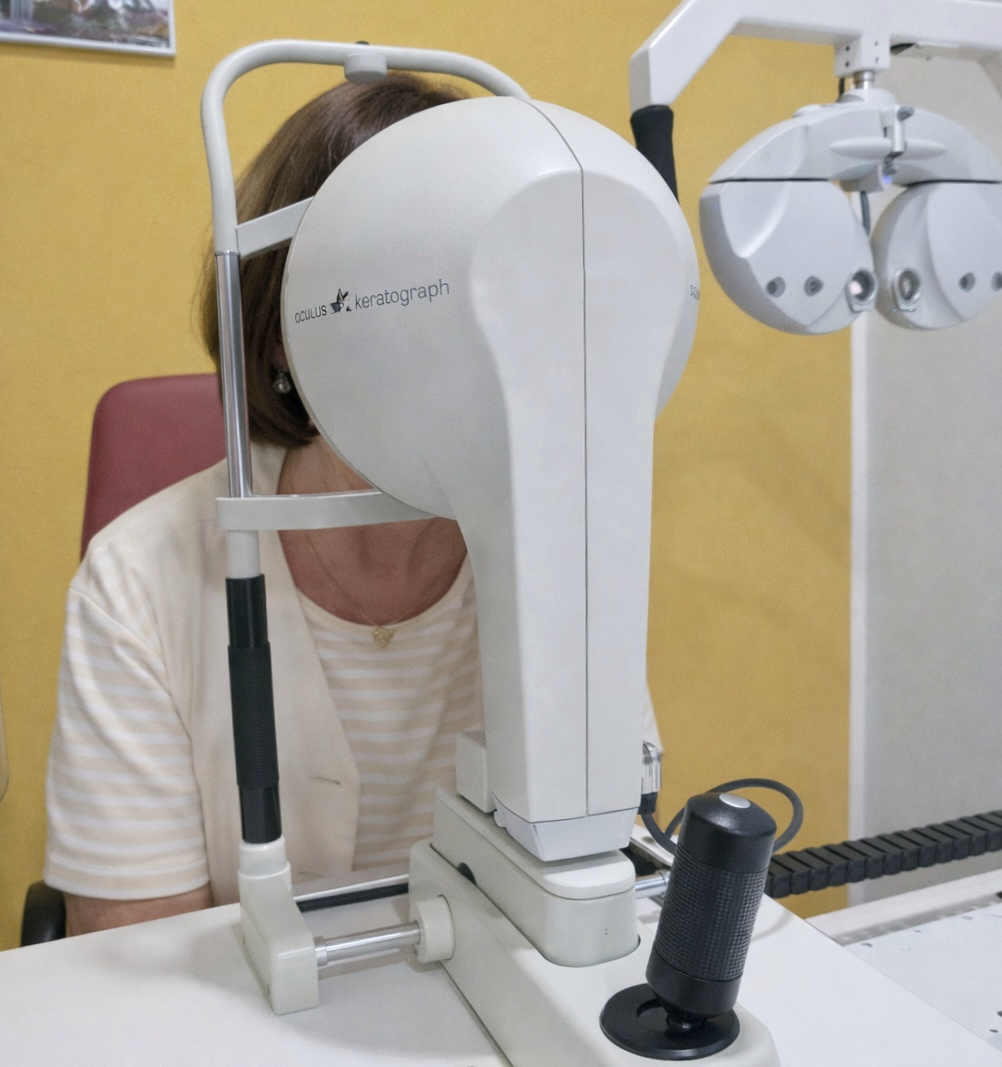 Frau sitzt zur Hornhautvermessung hinter dem Oculus Keratograph 5M