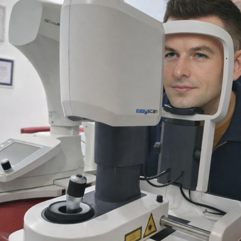 Mann sitzt am EasyScan dem Augenhintergrundmessgerät