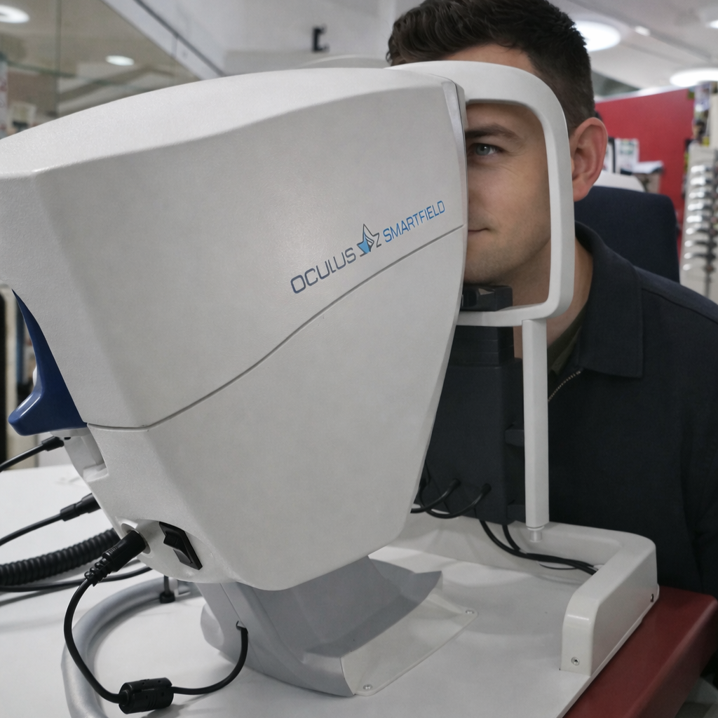 Mann sitzt zur Gesichtsfeldvermessung hinter dem Oculus Smartfeeld