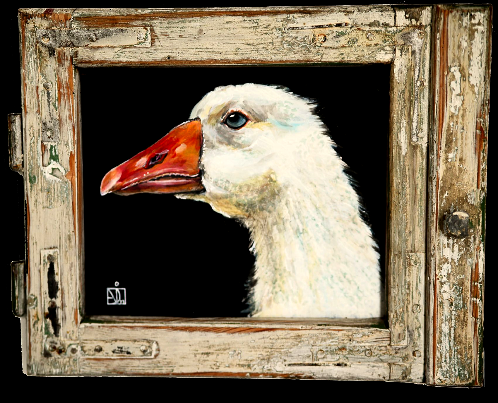 Im Rahmen der Ruhe – die Gans blickt hinaus, als würde sie lauschen.