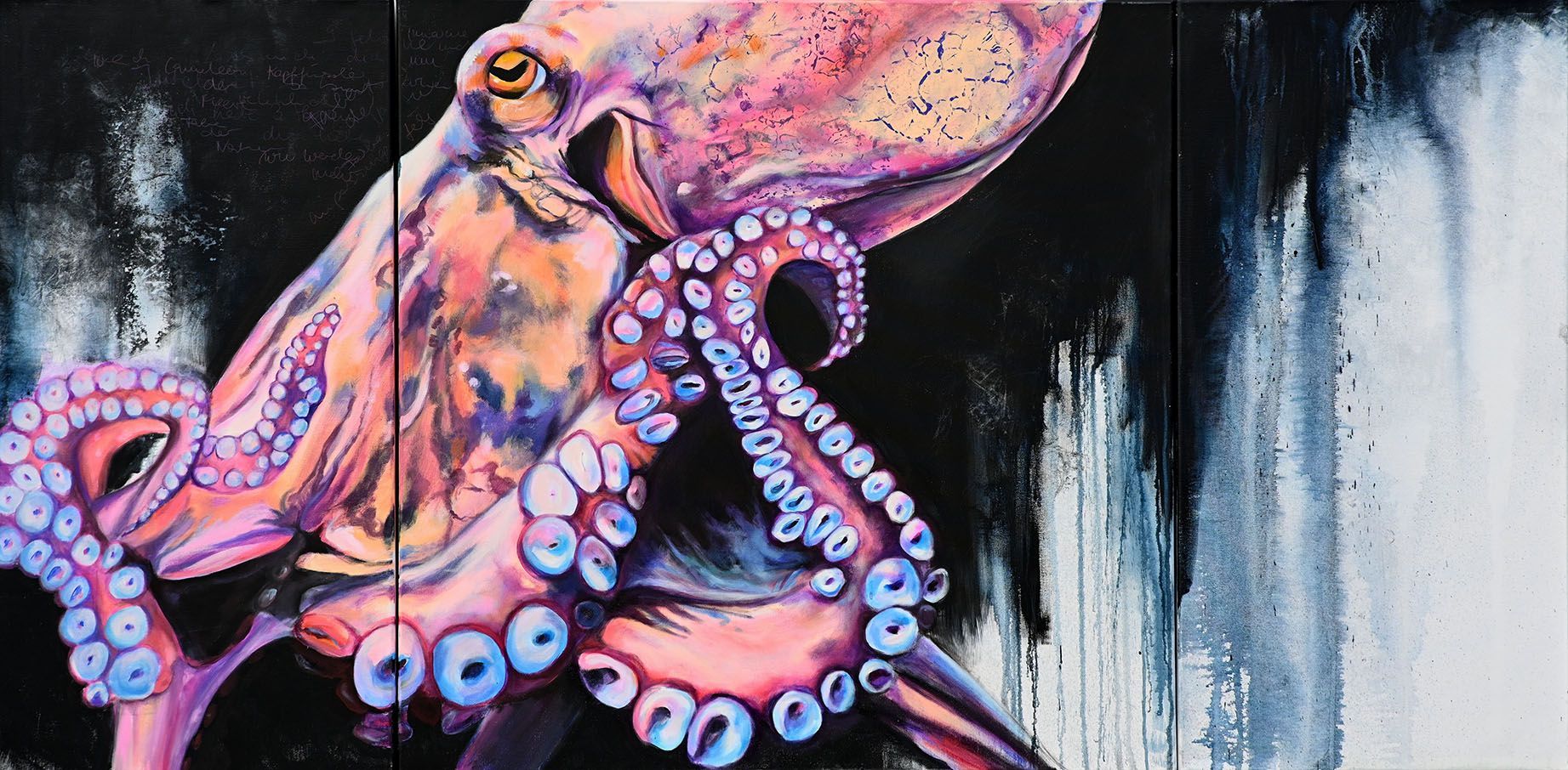 Gemälde Krake in drei Teilen l Krake Triptychon l 200 x 100 cm