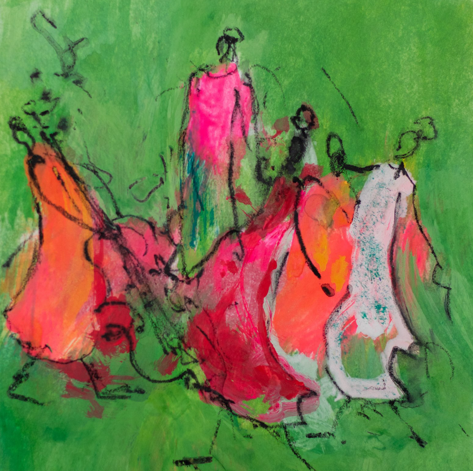 Künstlerisches Gemälde von Annette Stachs: musizierende Gruppe mit Celli vor grünem Hintergrund – visuelle Darstellung von CelloByHeart.